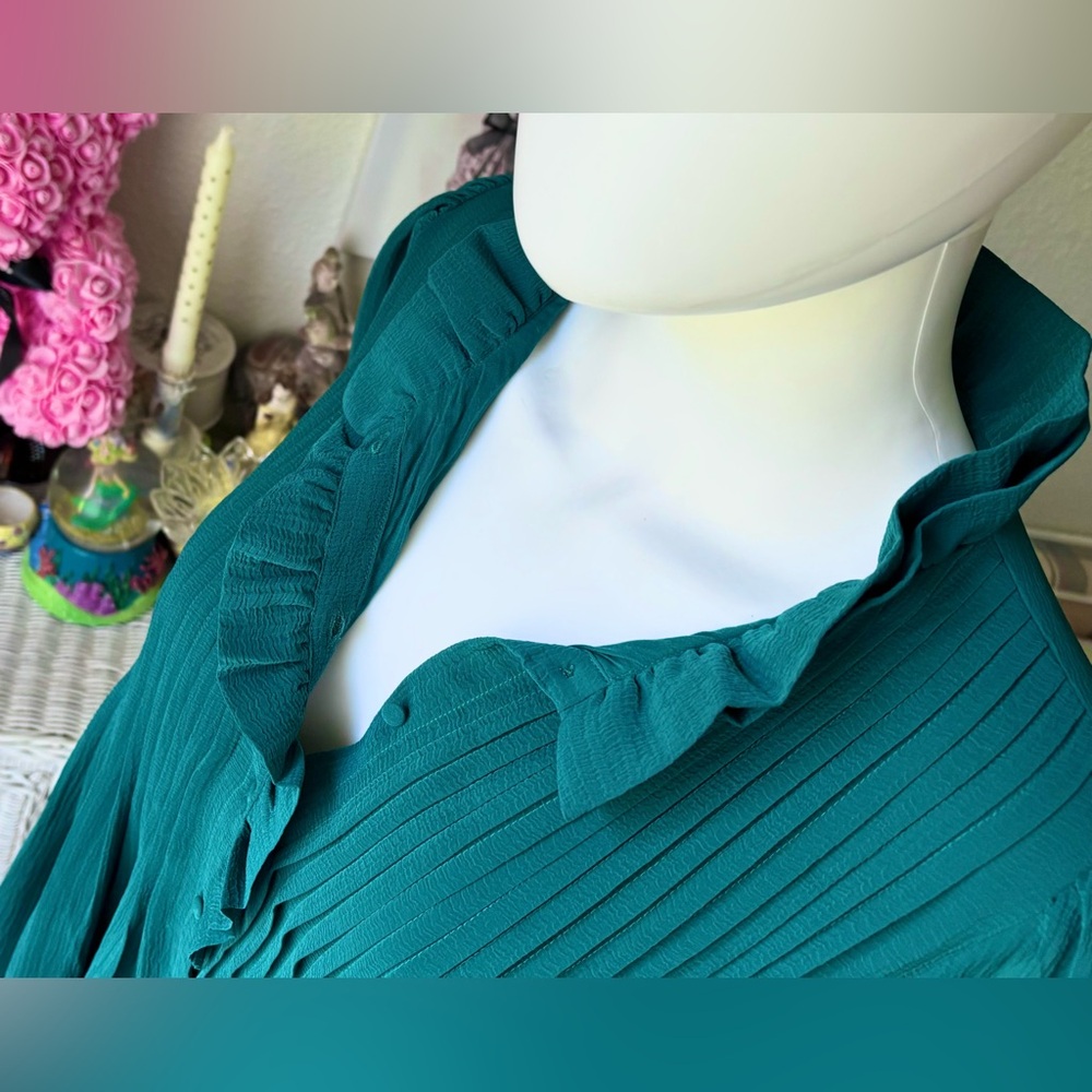 Sezane Rita Mini Dress Ruffled Pleated Oversized Emerald Green EU Size 40 = US 8 - Picture 5 of 11